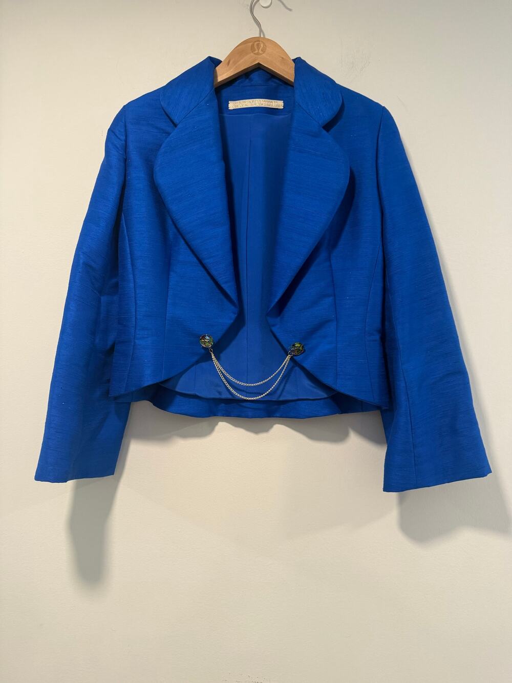 Vintage Tailored Open Blazer Bright Blue Chain w Gold Buttons Closure JL